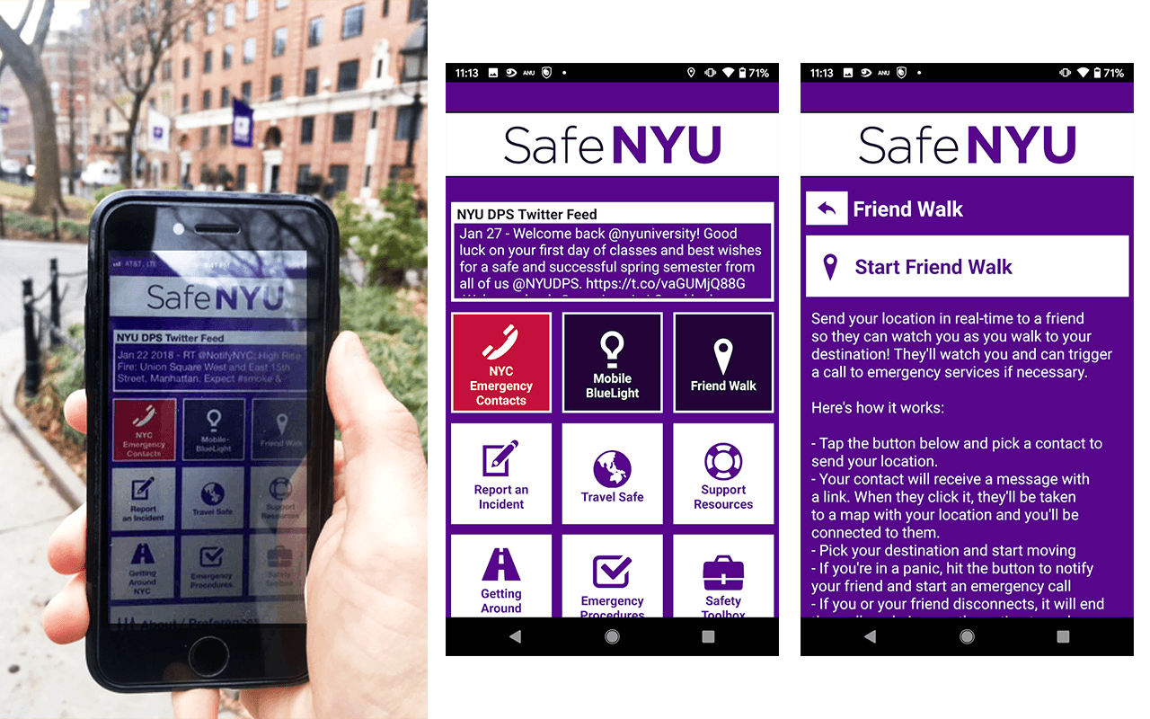 A hand holding up a smartphone with the SAFE NYU app on the screen. It is followed by two screenshots from the app. The first shows resources and contacts for students and the second explains the 
