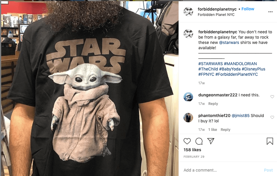 Forbidden Planet post displaying new Baby Yoda merch