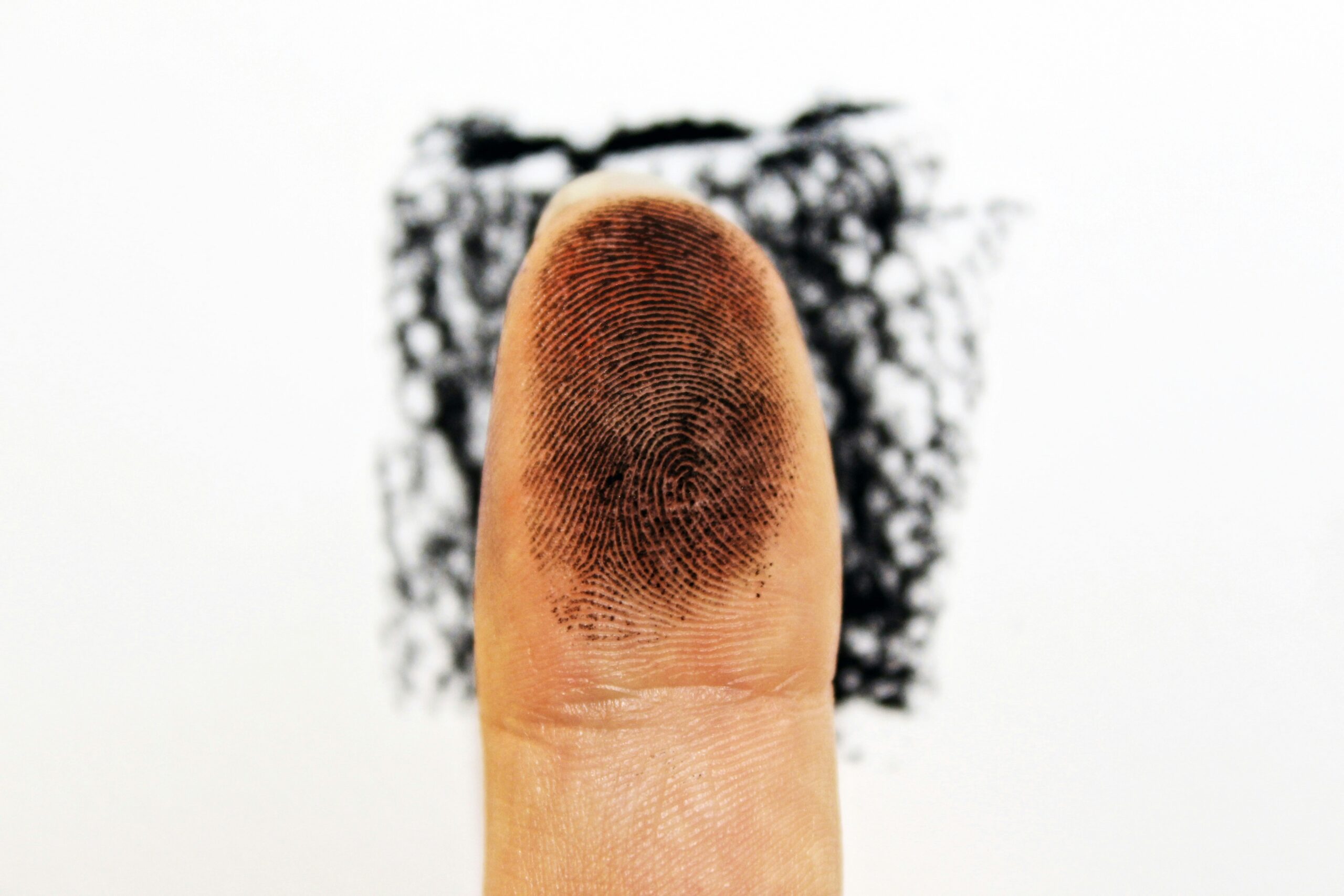 Close-up of an inked fingertip, showing the details of the fingerprint pattern.