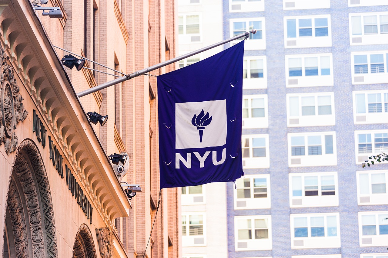 A flag hanging off an NYU building.