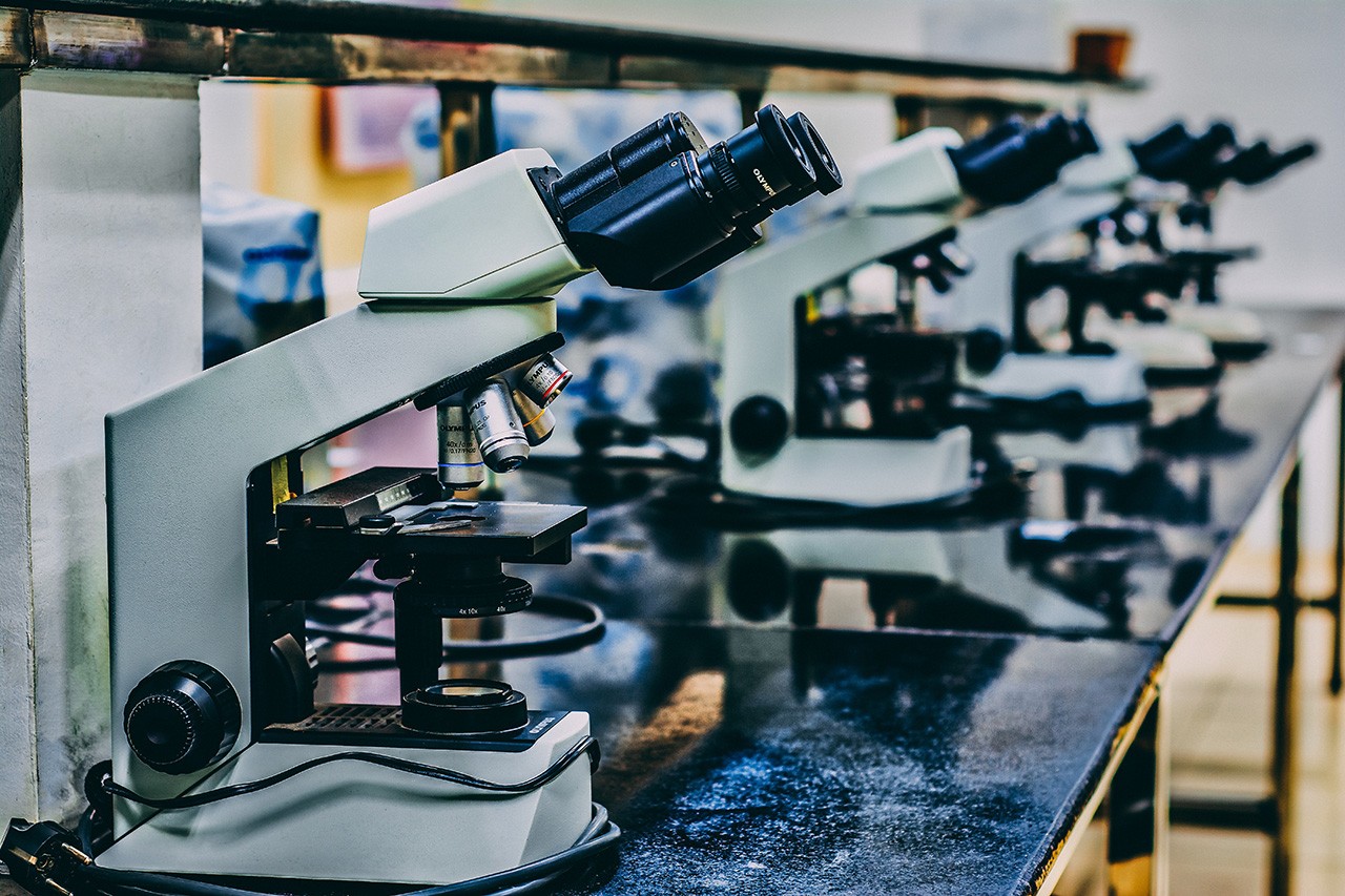 A row of microscopes used to identify and design molecules to prevent and/or treat COVID-19.
