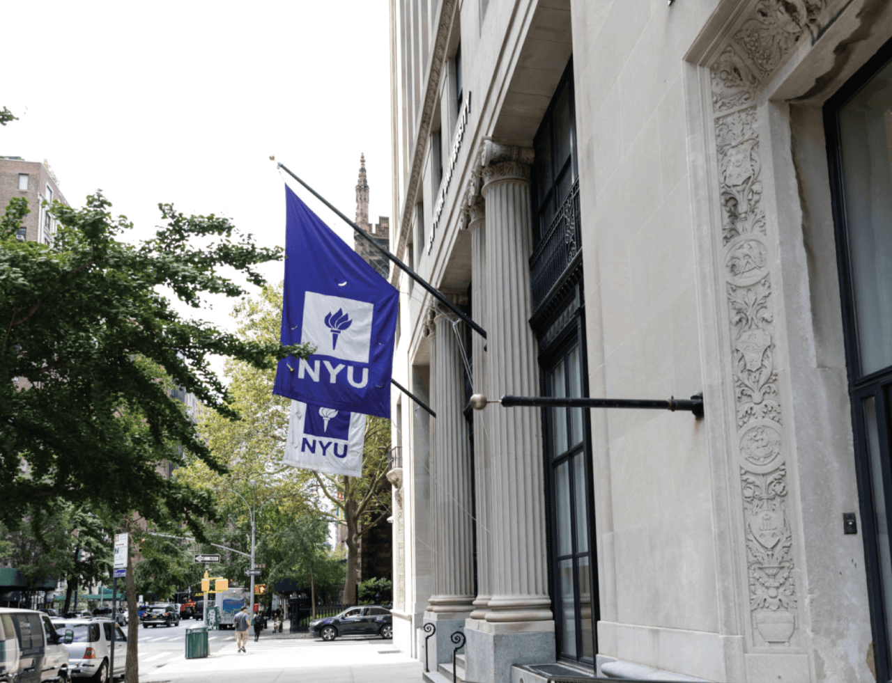Flags hanging from NYU building