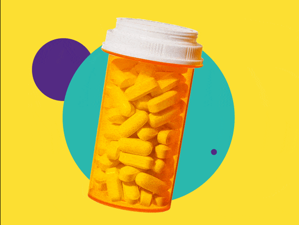 A decorative motion animation depicting a pill bottle and geometric shapes moving around it.
