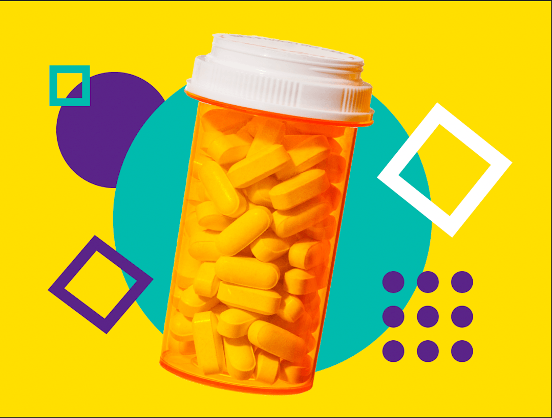 A decorative image depicting a pill bottle and geometric shapes.
