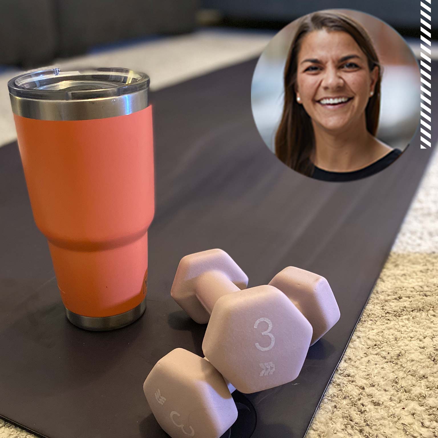 Photo of Mel with weights, a yoga mat, and water bottle