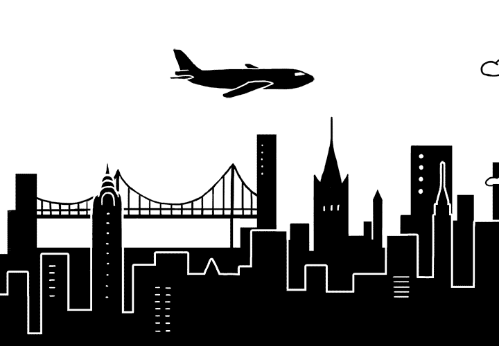 A black and white illustration of an airplane flying over a cityscape that includes a bridge and skyscrapers.