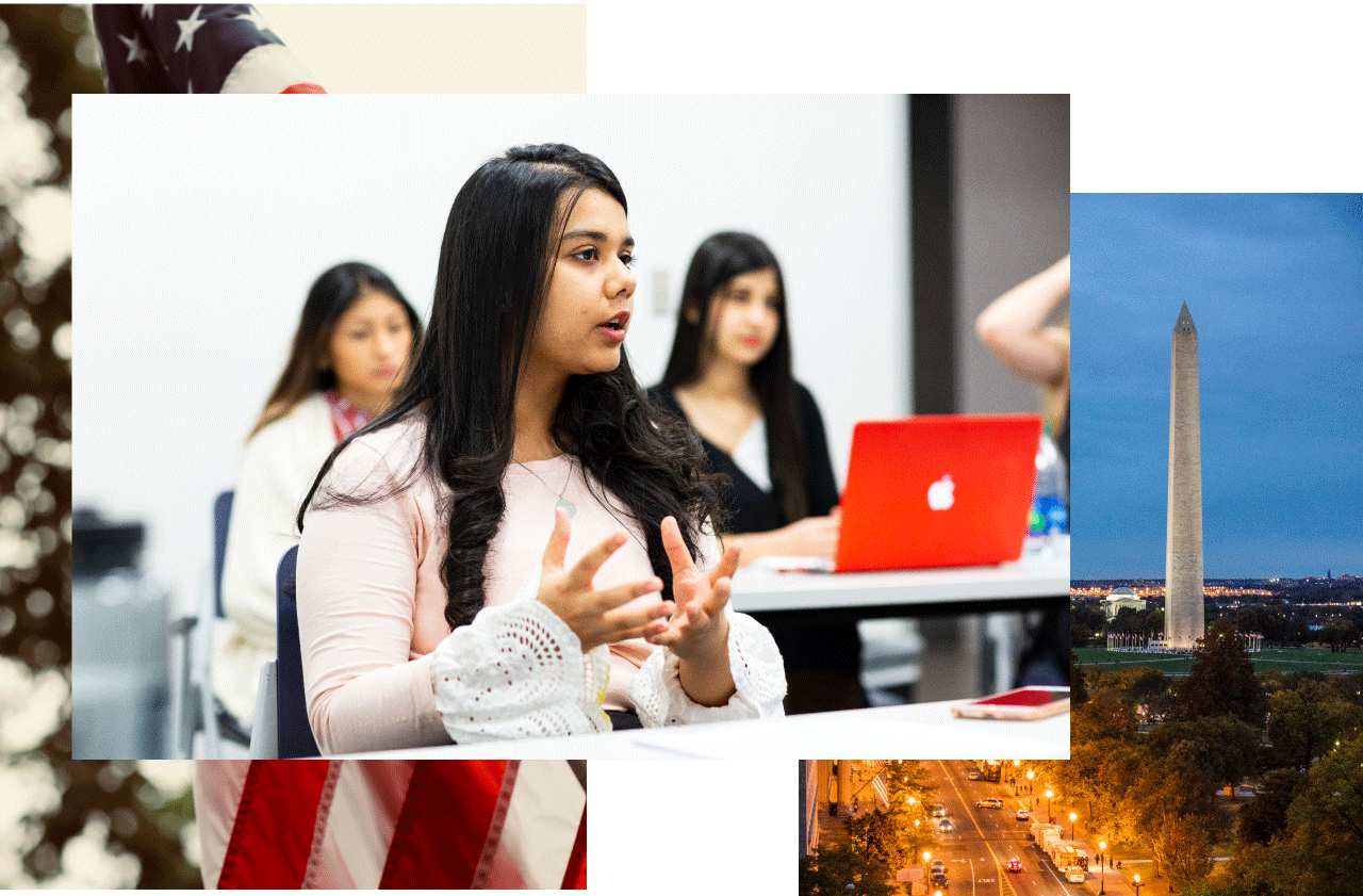 A collage of three images: 1) A student speaking in class 2) The Washington Monument seen from a distance 3) A closeup of an American Flag