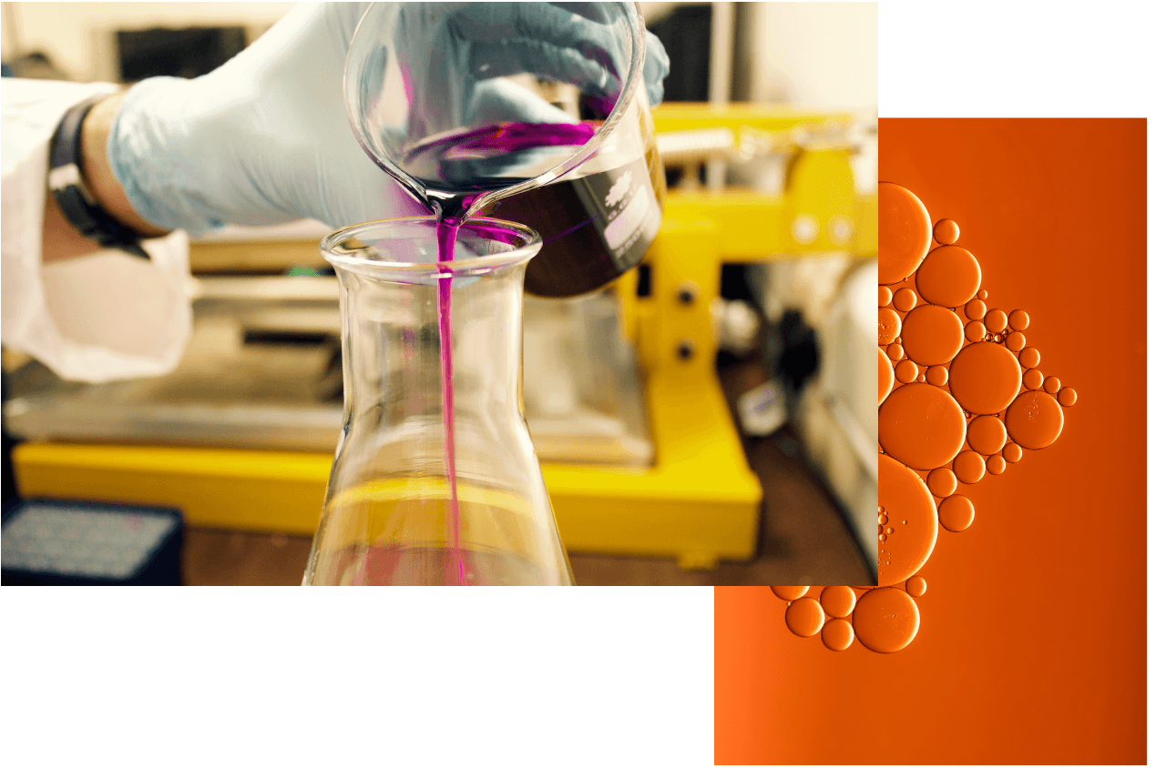 A collage: 1) Someone pouring a purple liquid into a beaker, 2) An abstract pattern formed by a series of circles on an orange background.