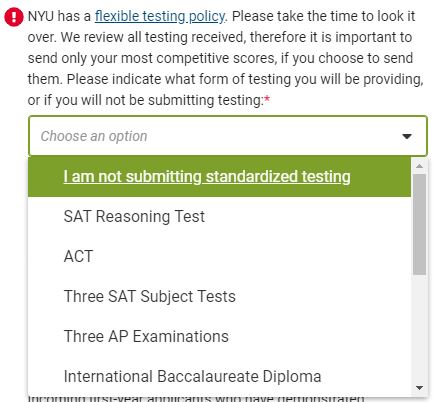 First-year applicants can choose from a variety of standardized tests to submit.