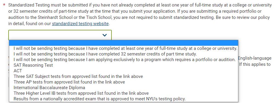 Transfer applicants can choose from a variety of standardized tests to submit.