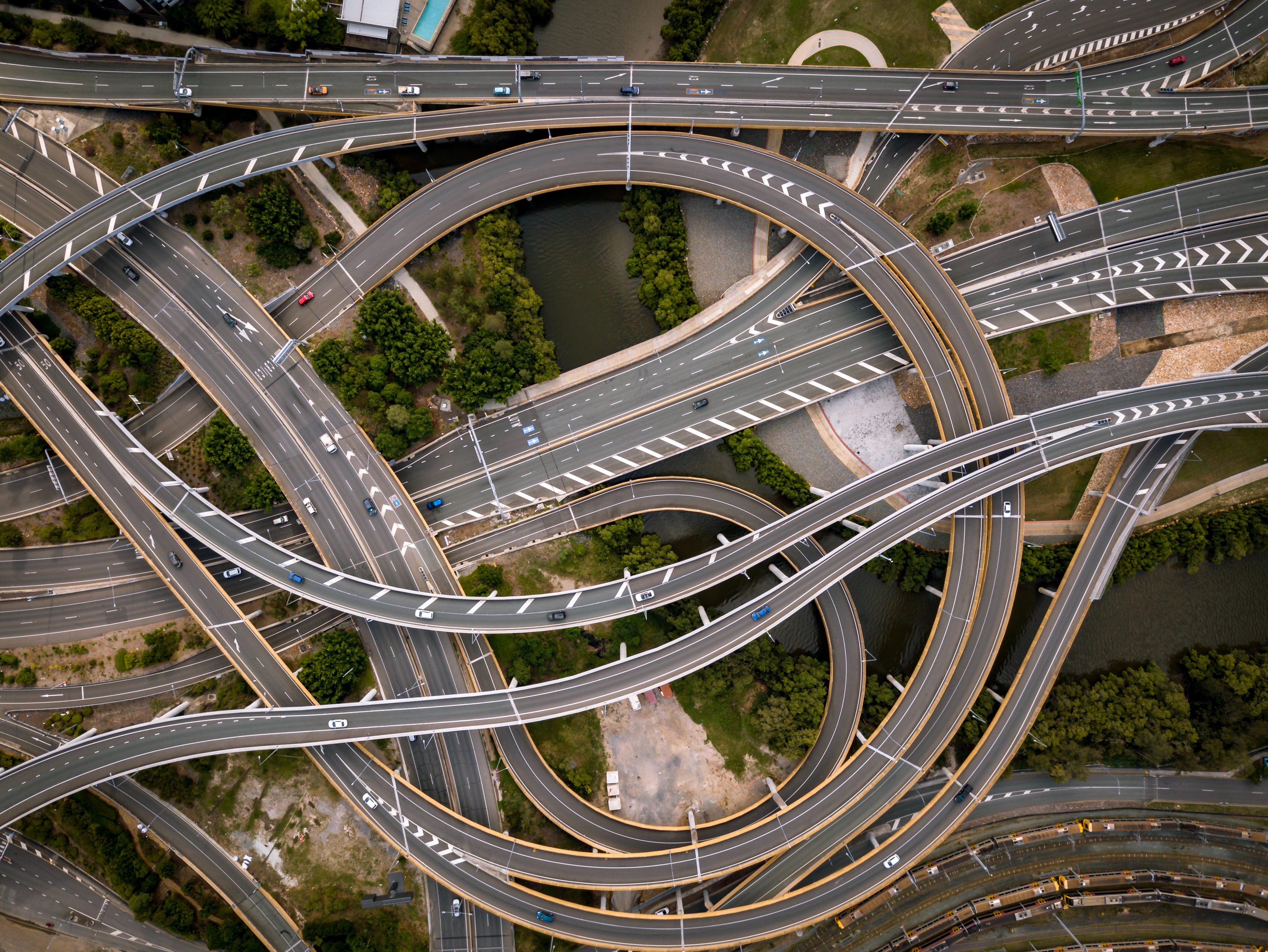 Aerial view of a complex, winding highway system.