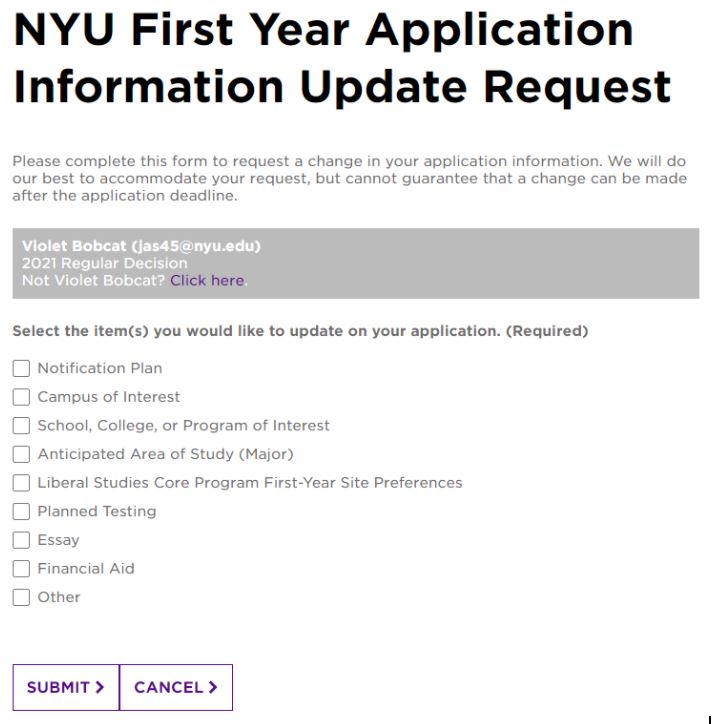 NYU First Year Application Update Request form options.