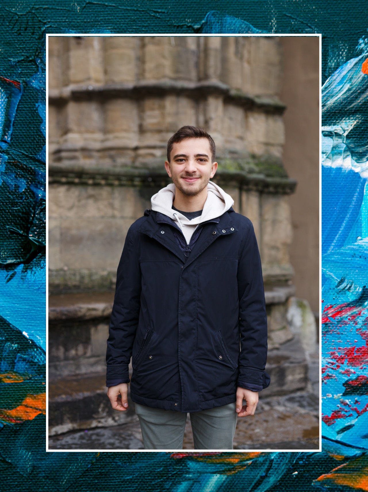 A collage: 1) Mauro standing in front of an older looking piece of architecture. 2) A blue, red, and orange work of abstract art.