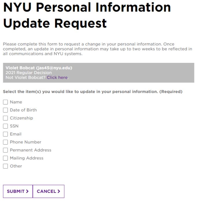 NYU Personal Information Update Request form options.