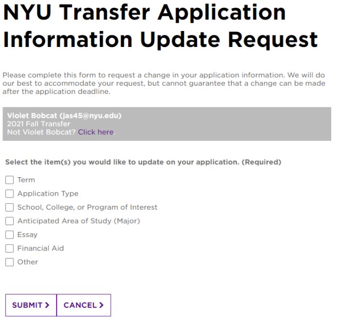 NYU Transfer Application Update Request form options.