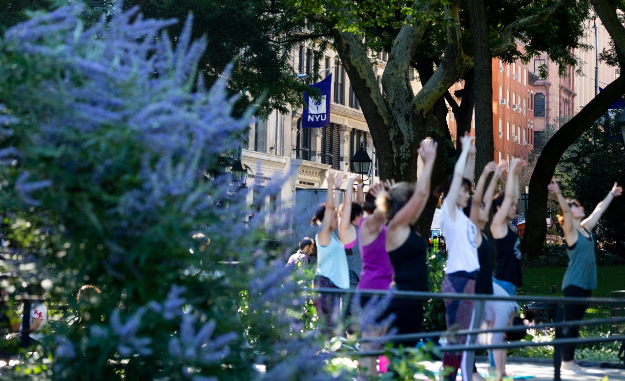A group of people practicing yoga in Washington Square Park.