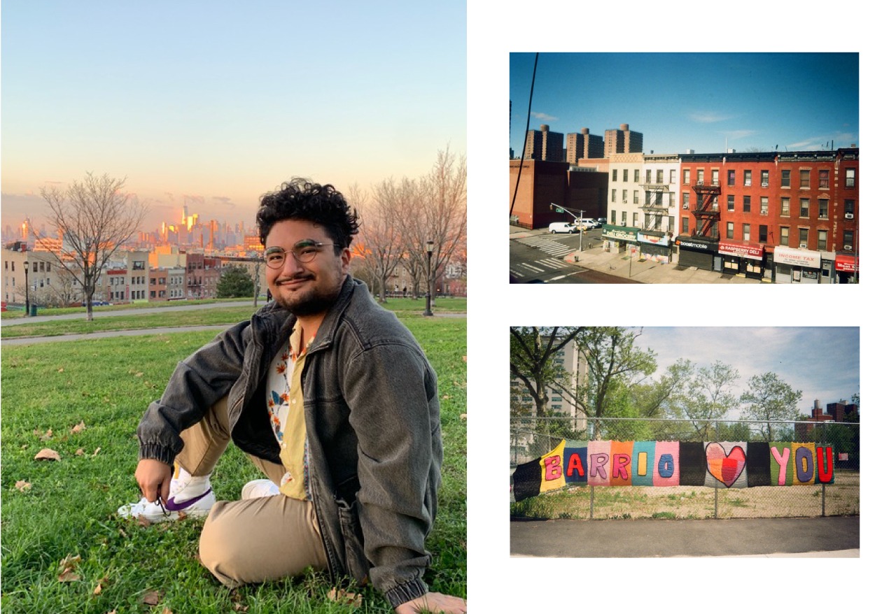 A collage: 1) Silver student Frankie Molina sitting in the grass at a park, 2) New York City storefronts, 3) A quilt that reads “Barrio” draped on a fence.