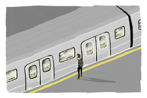 A GIF of a subway car moving past a student, depicting the anxiety of an NYU first year.