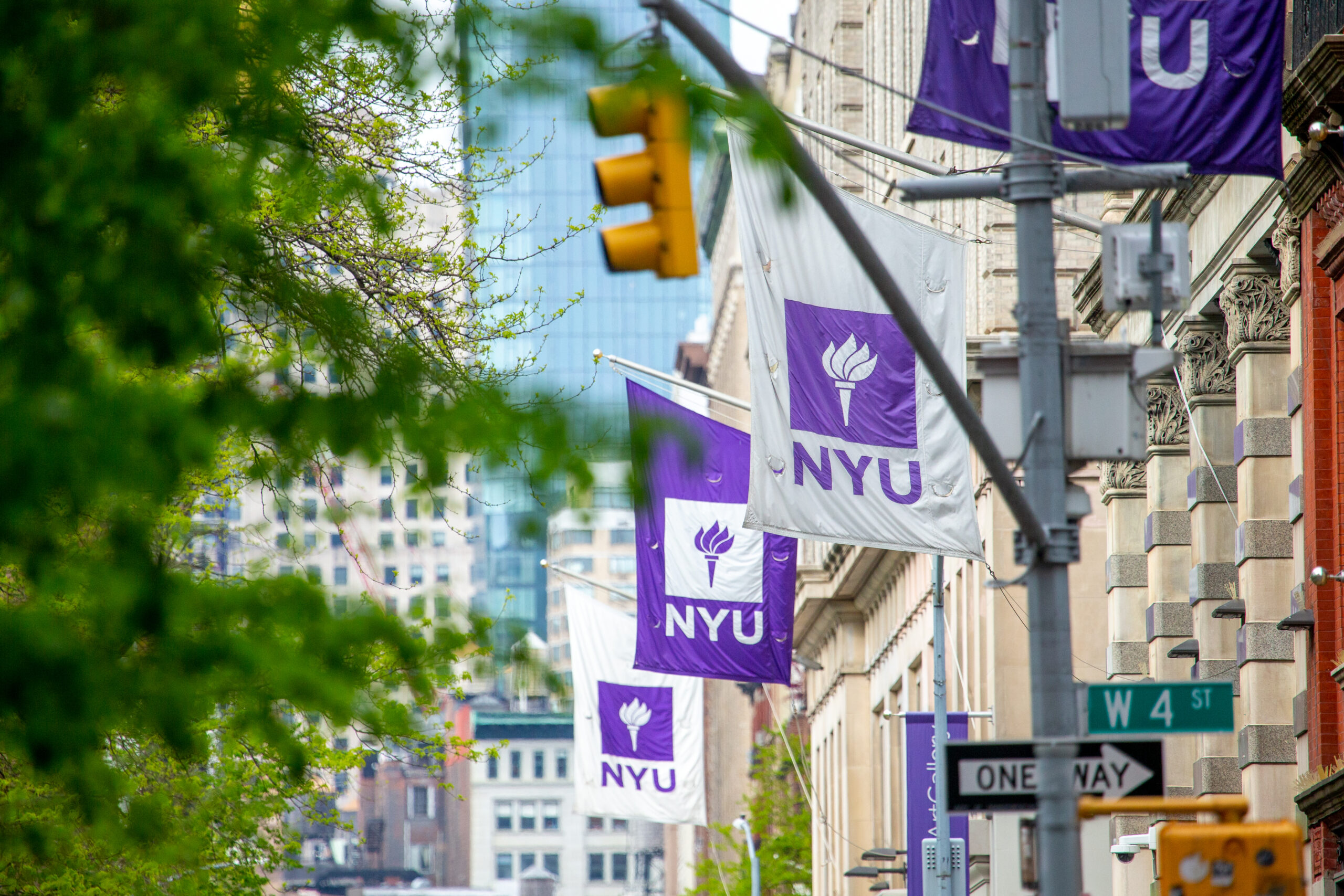 Multiple NYU flags hanging from buildings on campus.