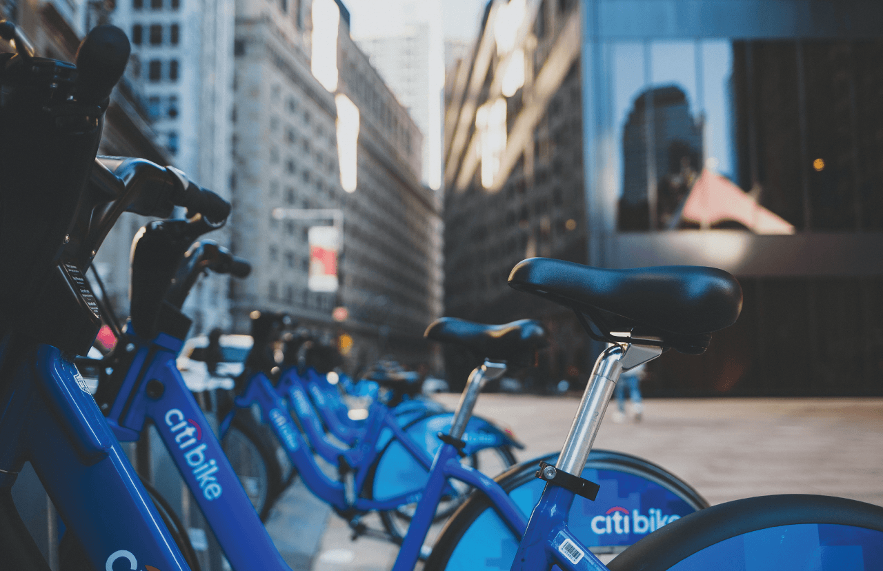 A row of Citi Bike bicycles.
