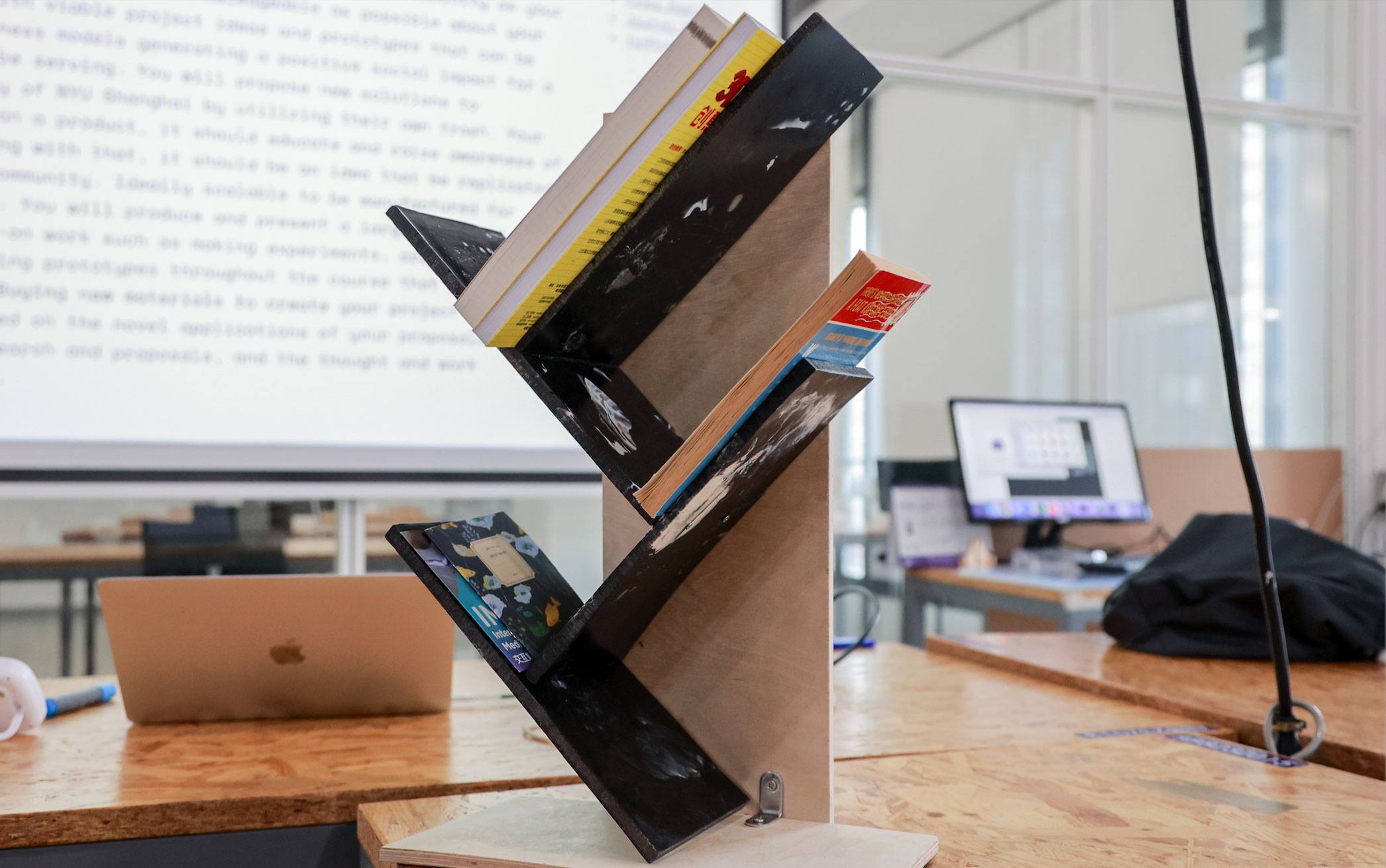 A bookshelf students made for the Campus Store.