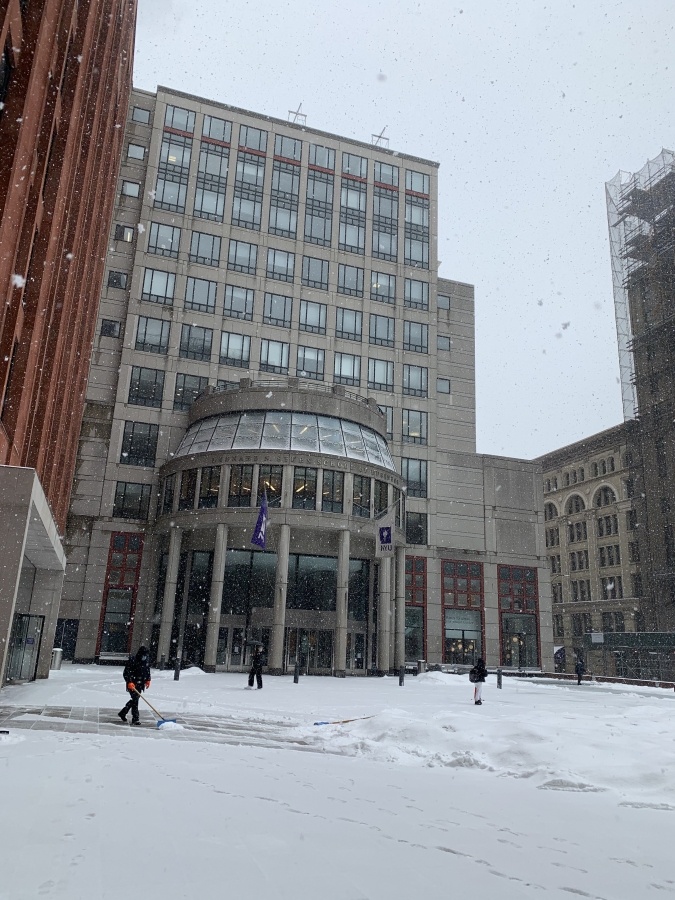 NYU Stern building in the snow.
