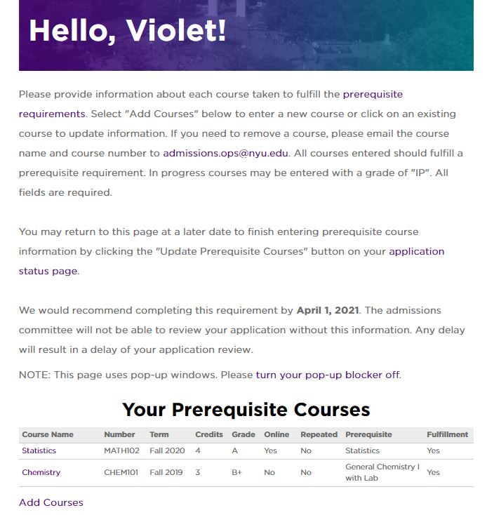 Prerequisite courses page where you will enter your course information.