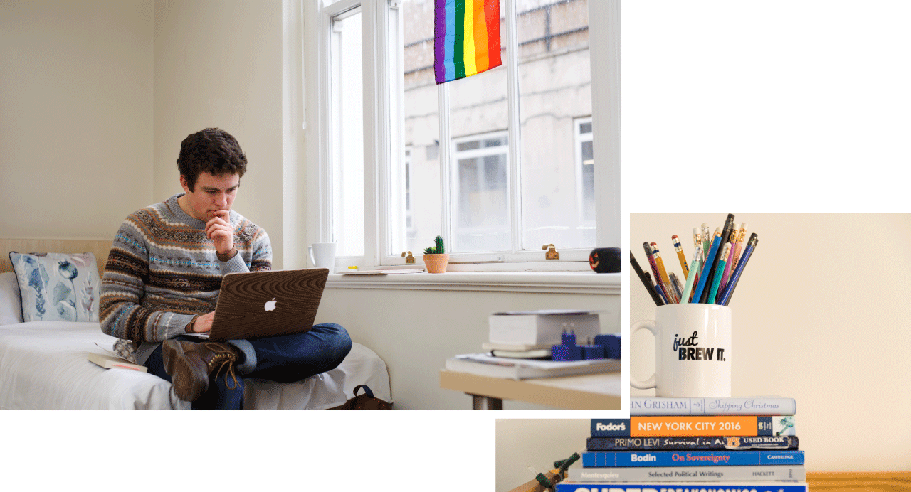 A collage of two images: 1) A student working on a laptop in their dorm room 2) A cup holding numerous pencils. The cup is seated on a stack of books