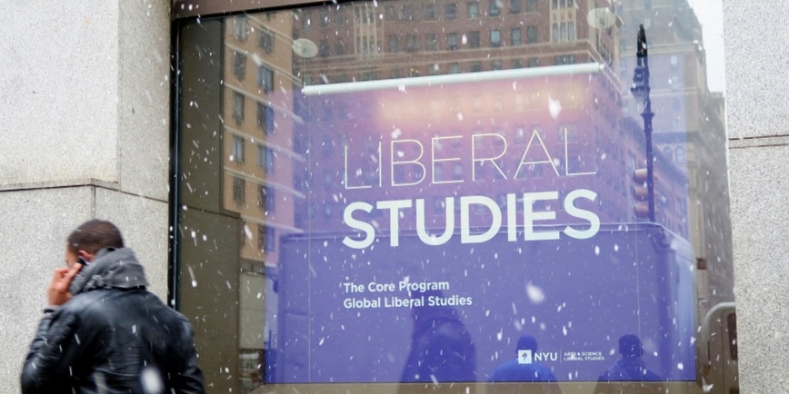 The window display of a Liberal Studies building at NYU.