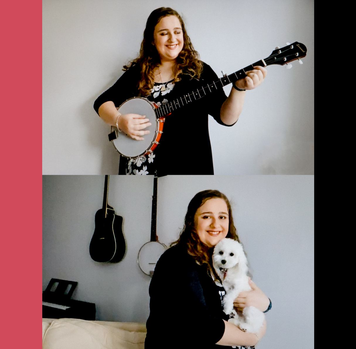 Top: Liv playing a banjo. Bottom: Liv holding her dog.