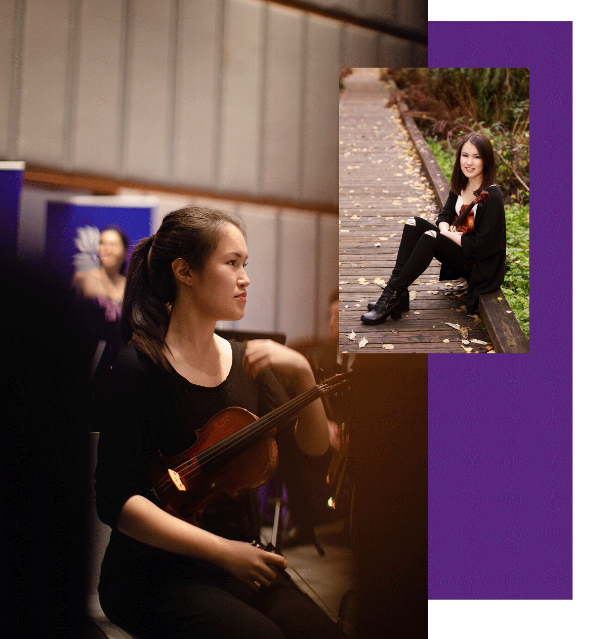 A collage of two images: 1) Jaime Cantwell holding her violin in the resting position. 2) Jaime sitting outside on a wooden walkway holding her violin