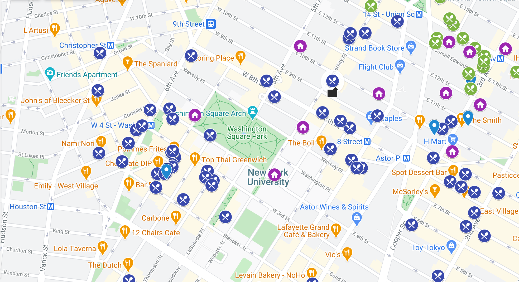 A map of places to eat around campus.