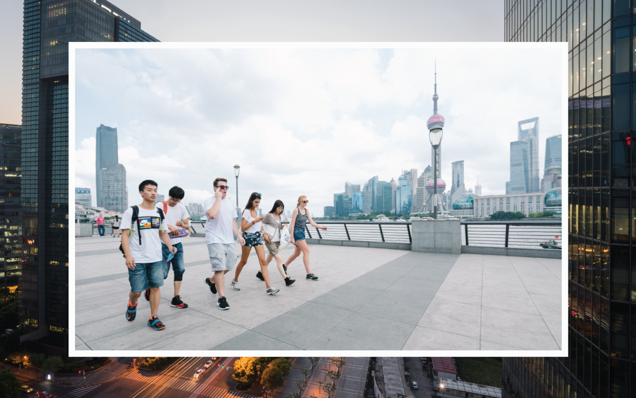 A group of students walking around Shanghai