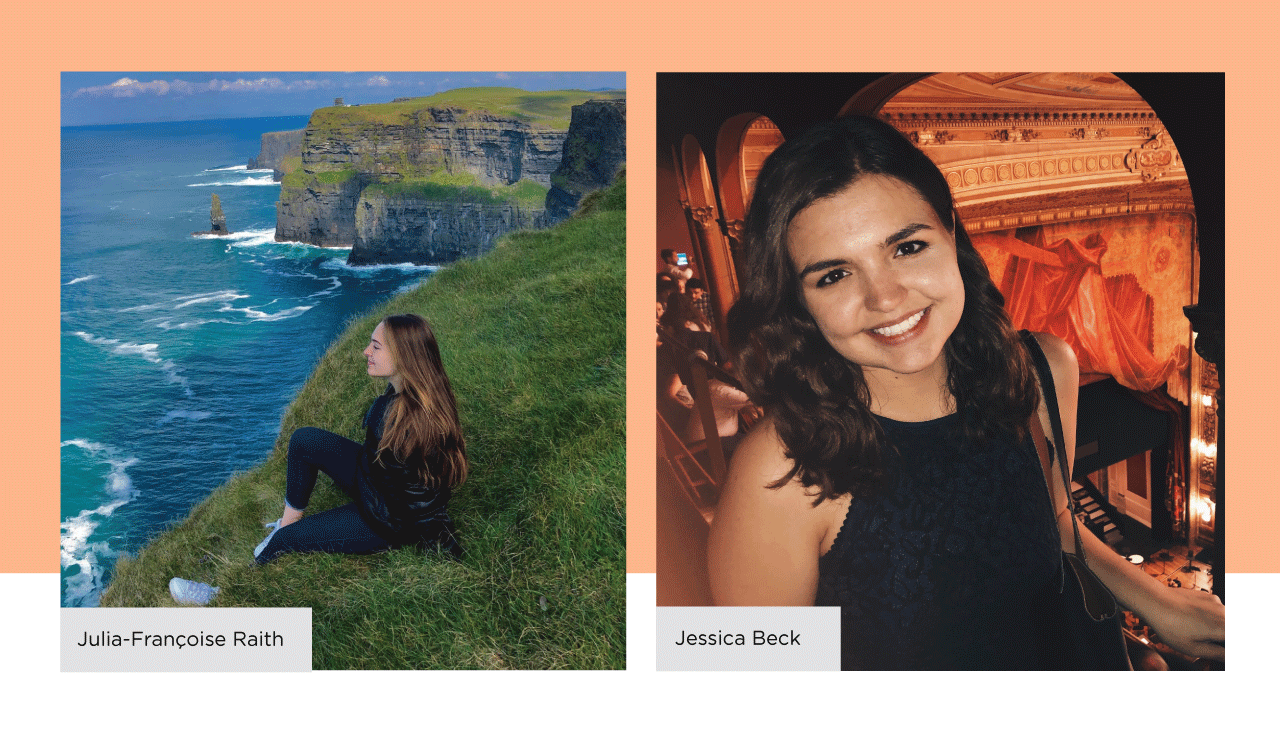 A collage of two images: 1) Julia-Françoise Raith sitting next to cliffs in Ireland 2) Jessica Beck standing at a bannister in a theatre