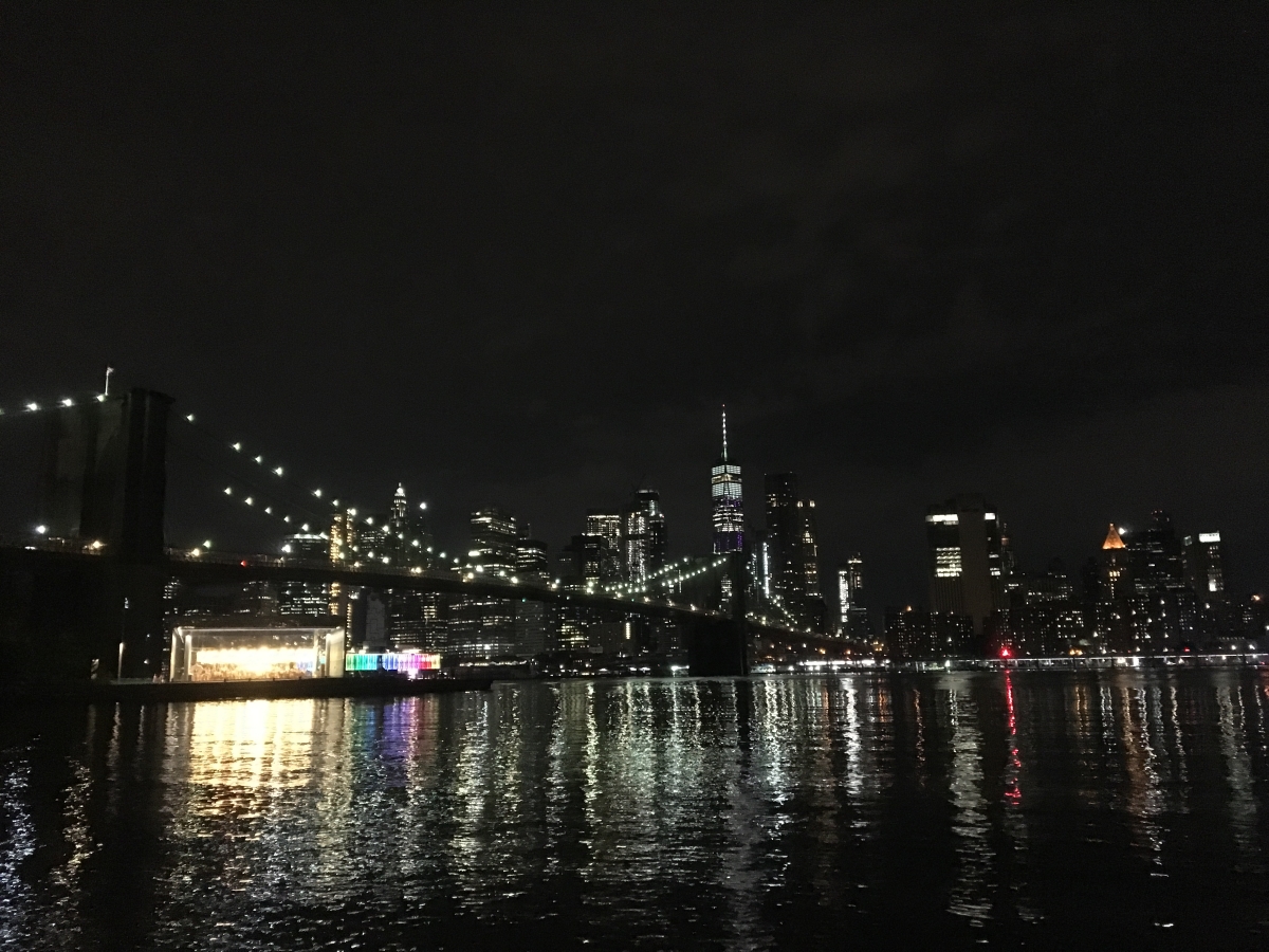 The New York City skyline at night.