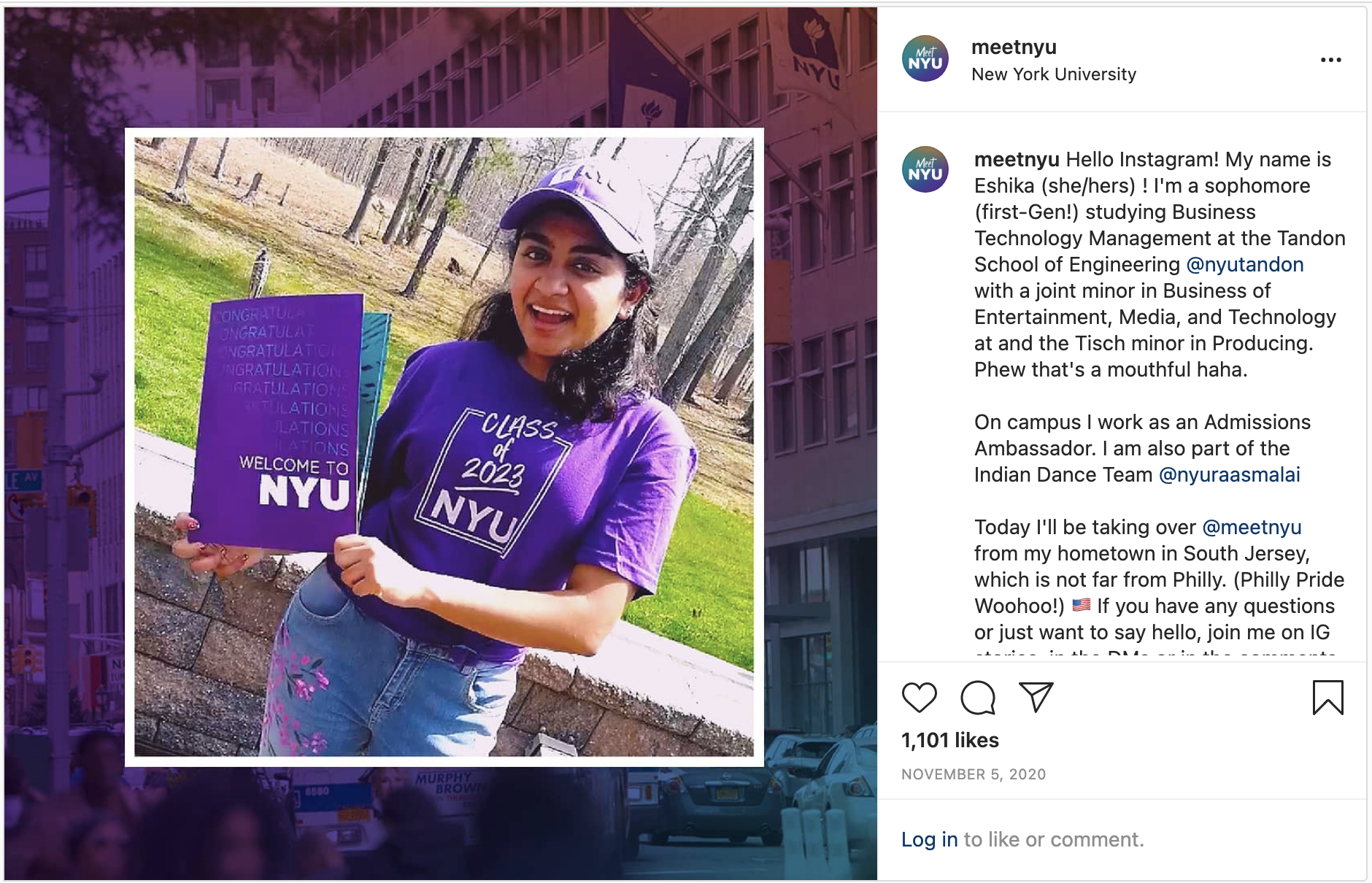 Eshikaʼs Instagram takeover post. Sheʼs wearing all NYU Violet.