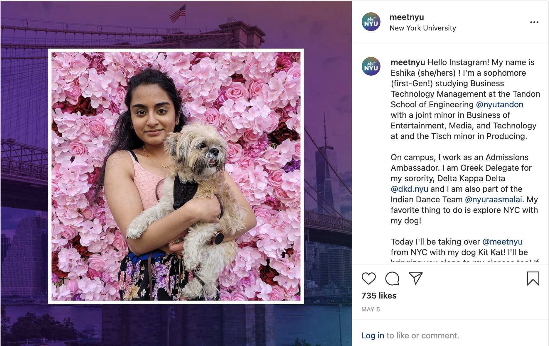 An @MeetNYU Instagram takeover post of Eshika holding her dog.