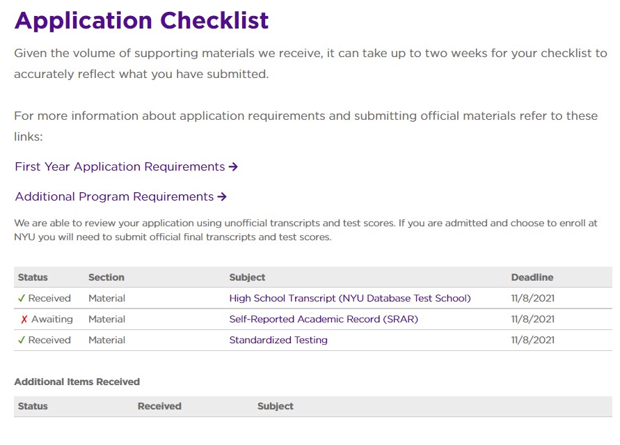 your NYU application status page includes a checklist of missing materials