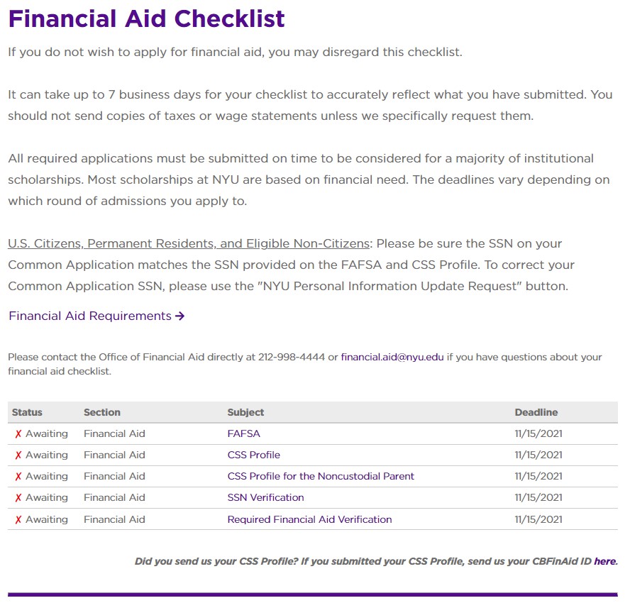 example of a financial aid checklist