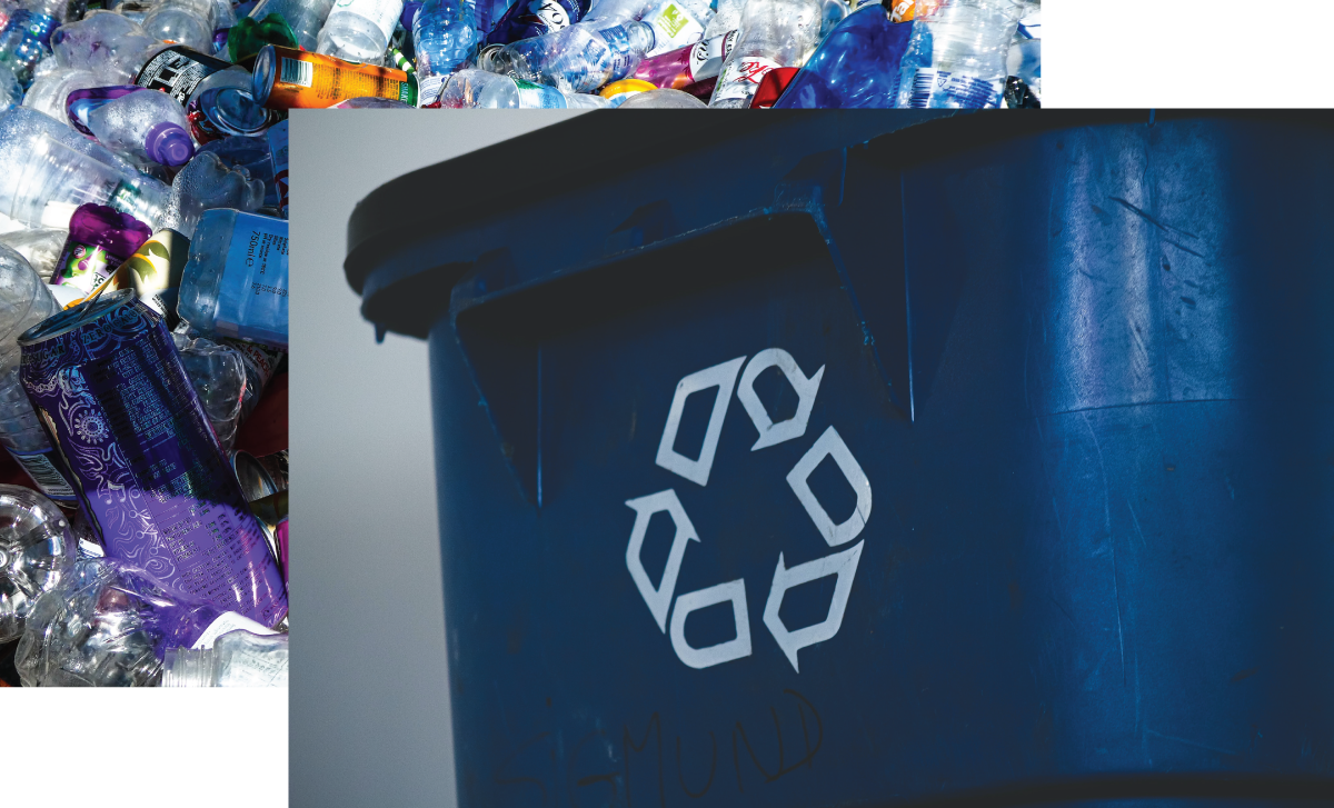 A collage of two images: 1) A large collection of plastic and aluminum cans 2) A recycling bin