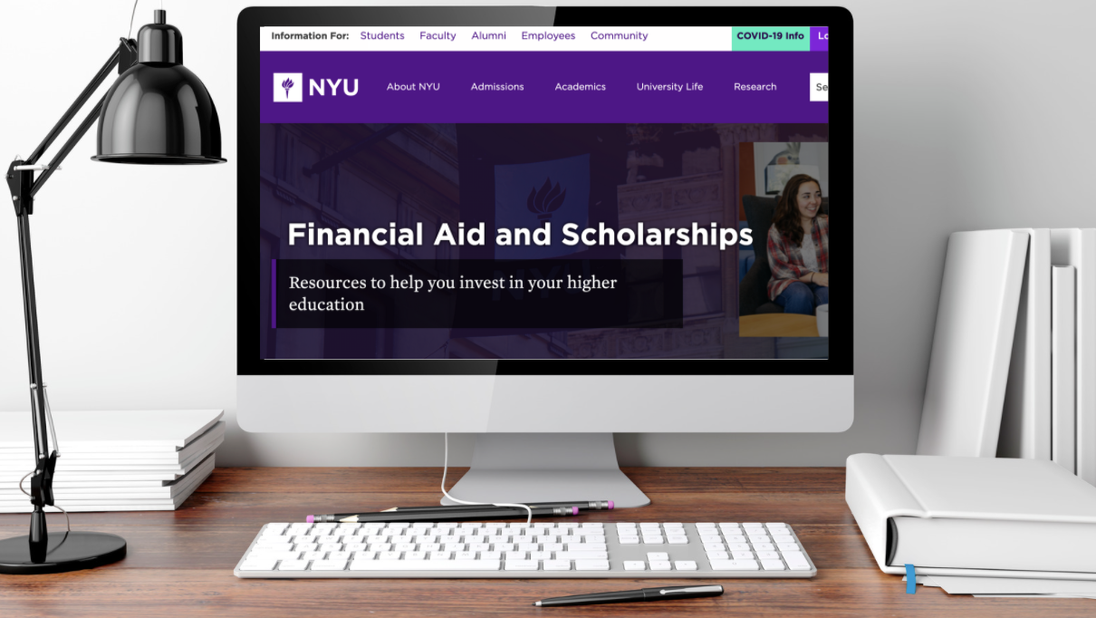 A computer and web browser open to NYU’s “Financial Aid and Scholarships” web page.