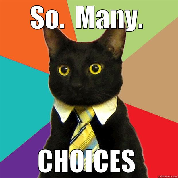 A cat meme that reads, “So. Many. CHOICES.”