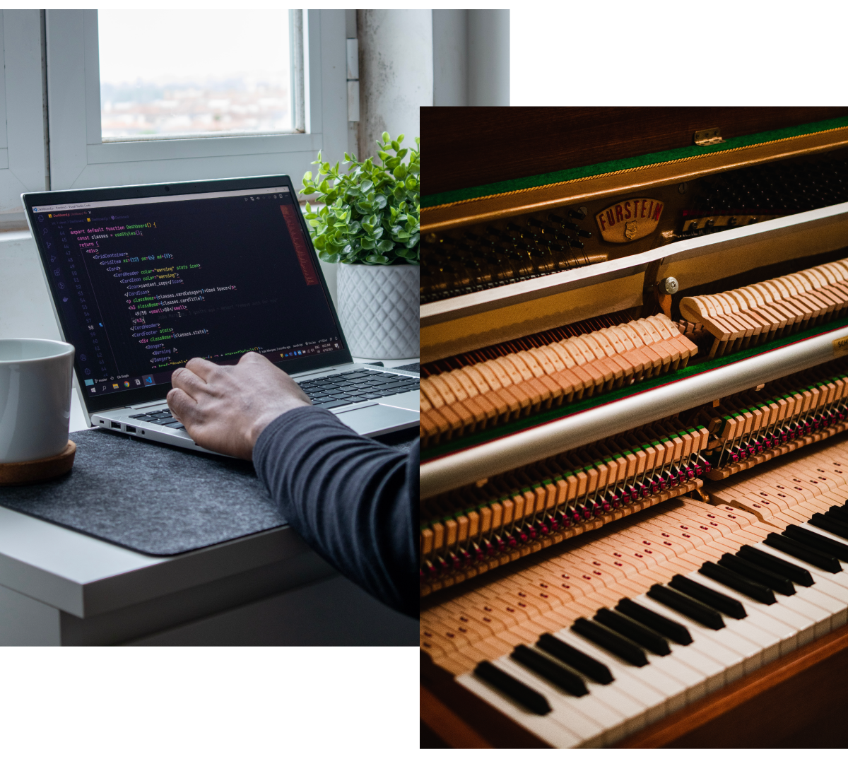A collage: 1) Someone coding on a laptop. 2) A close-up of a piano.