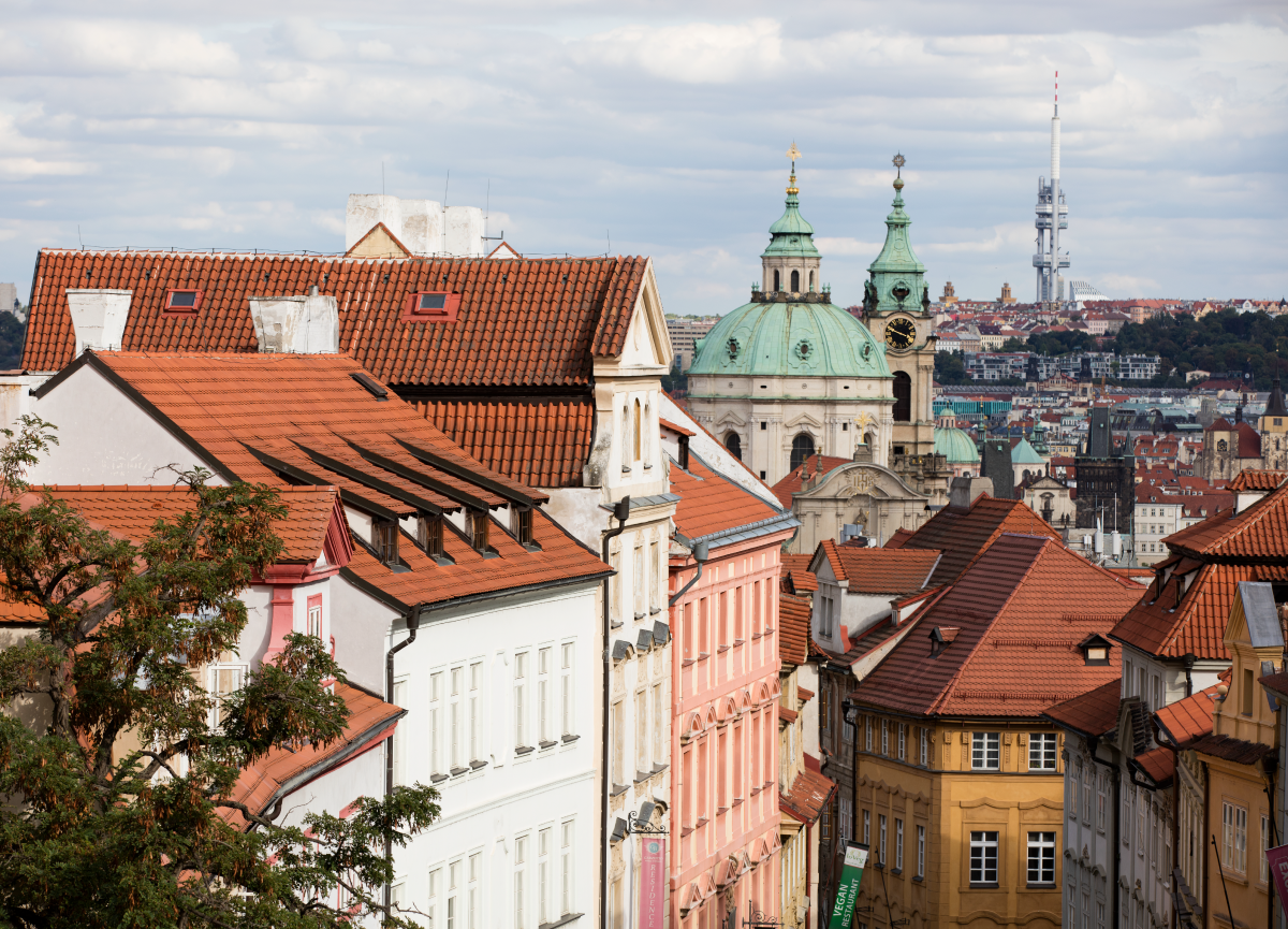 Skyline of colorful buildings in Prague.