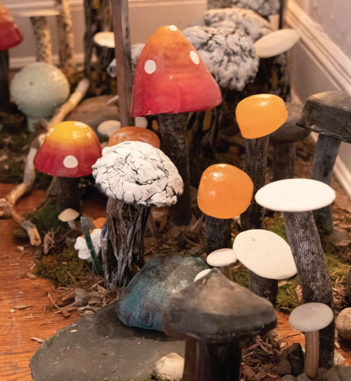 A collection of sculpted mushrooms.
