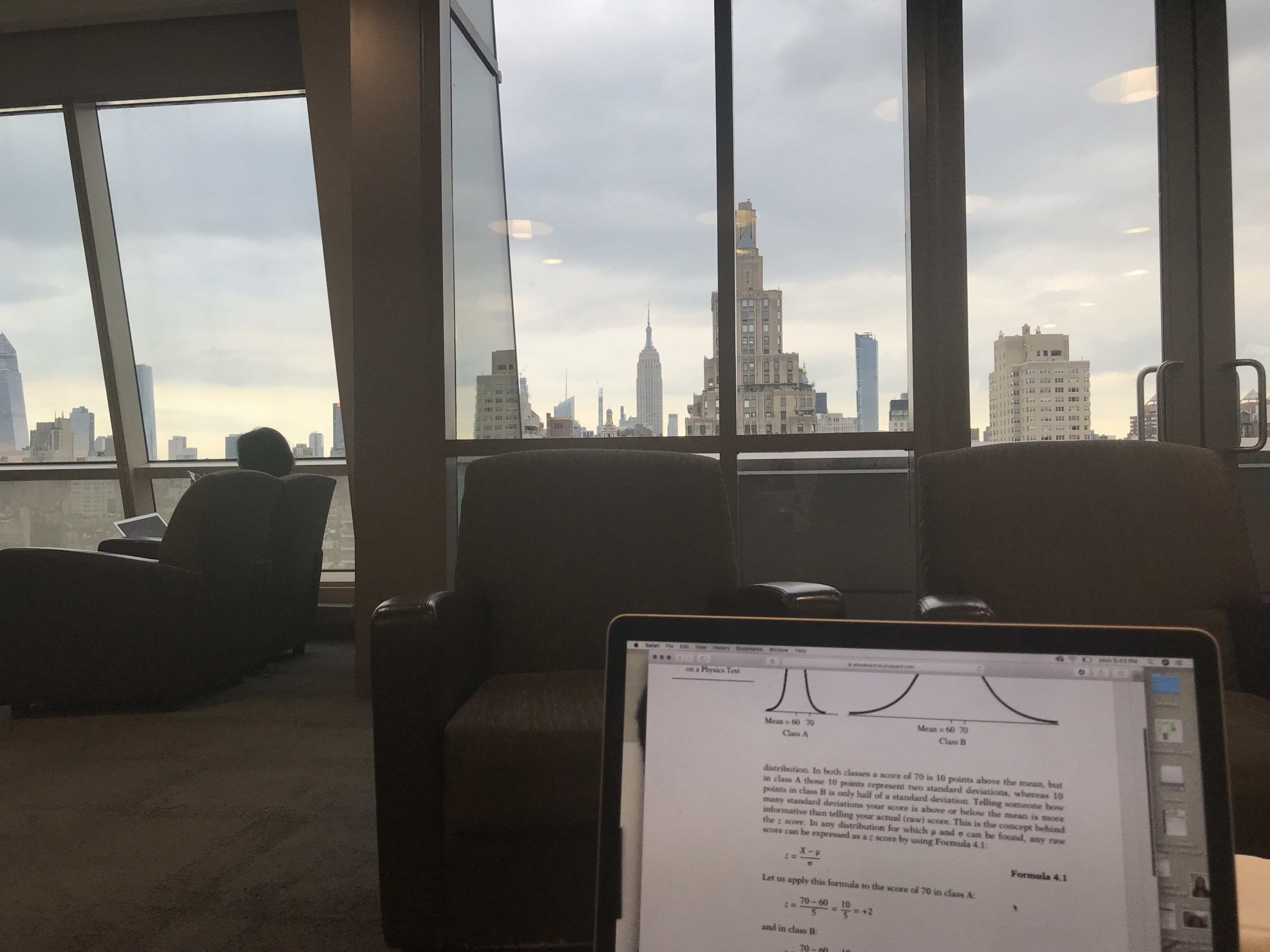 The author’s laptop and a view of the city from Kimmel’s 9th floor.