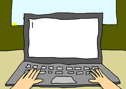 An animated blank page, with a blinking cursor, open on a laptop.