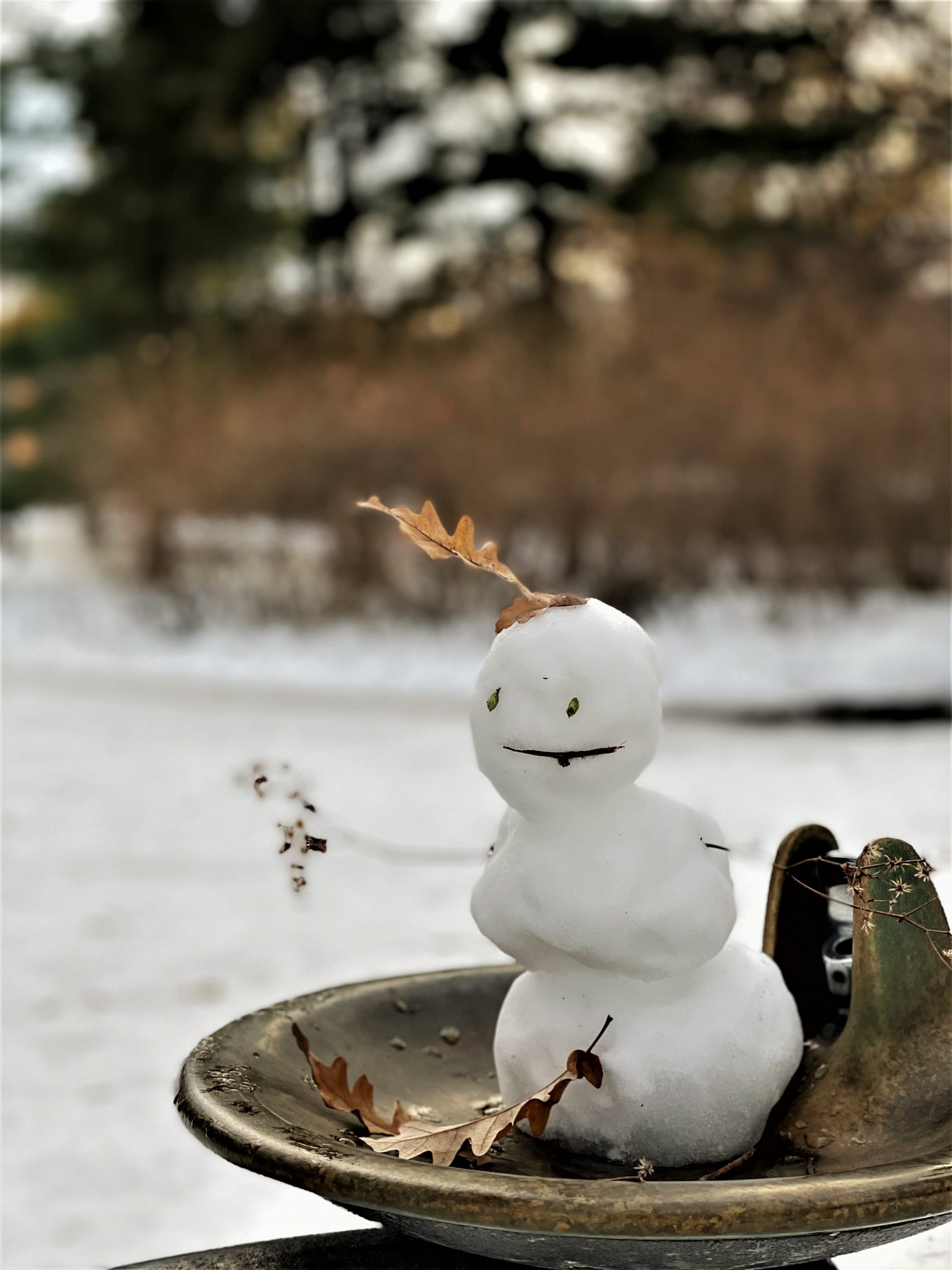 A small snowman on top of a water fountain.