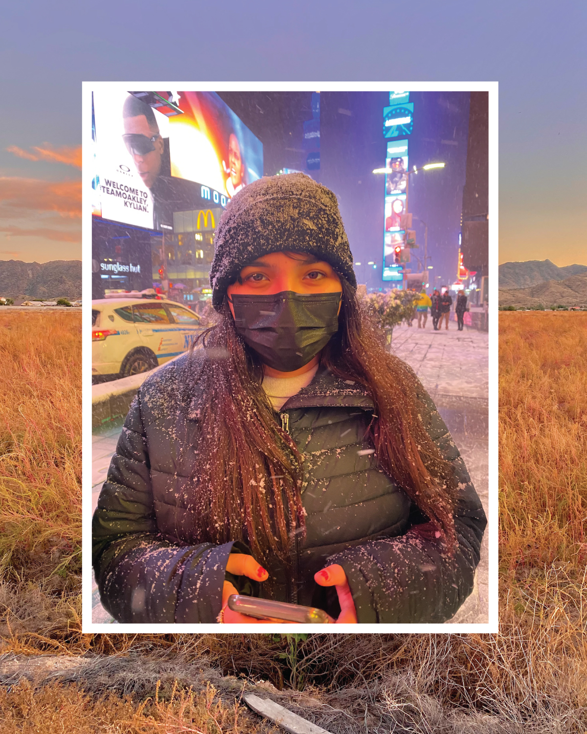 NYU scholarship recipient Kaeley Rice in a winter jacket at Times Square.