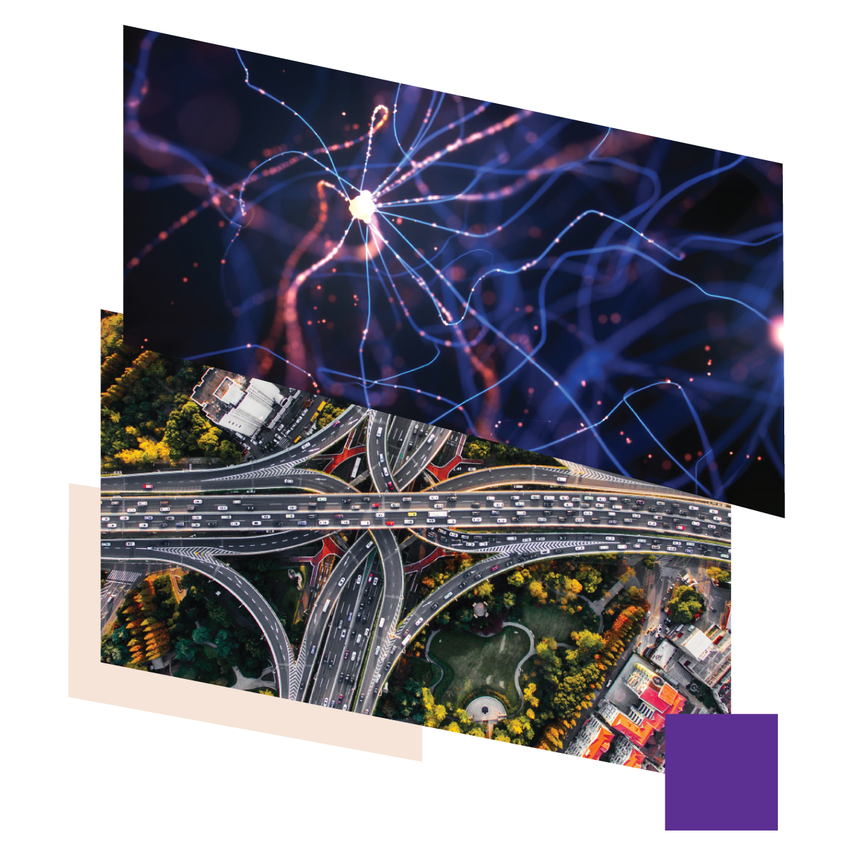 A collage: 1). A network of neurons; 2) An overhead view of multiple highways.
